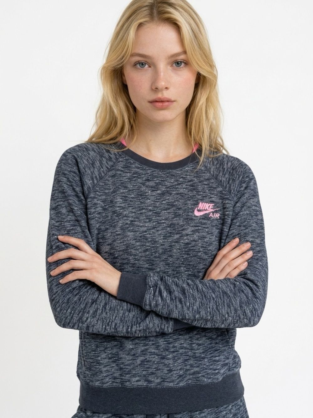 NIKE AIR | Navy Blue Heathered Crewneck Sweatshirt Barbie Pink Logo Women’s M